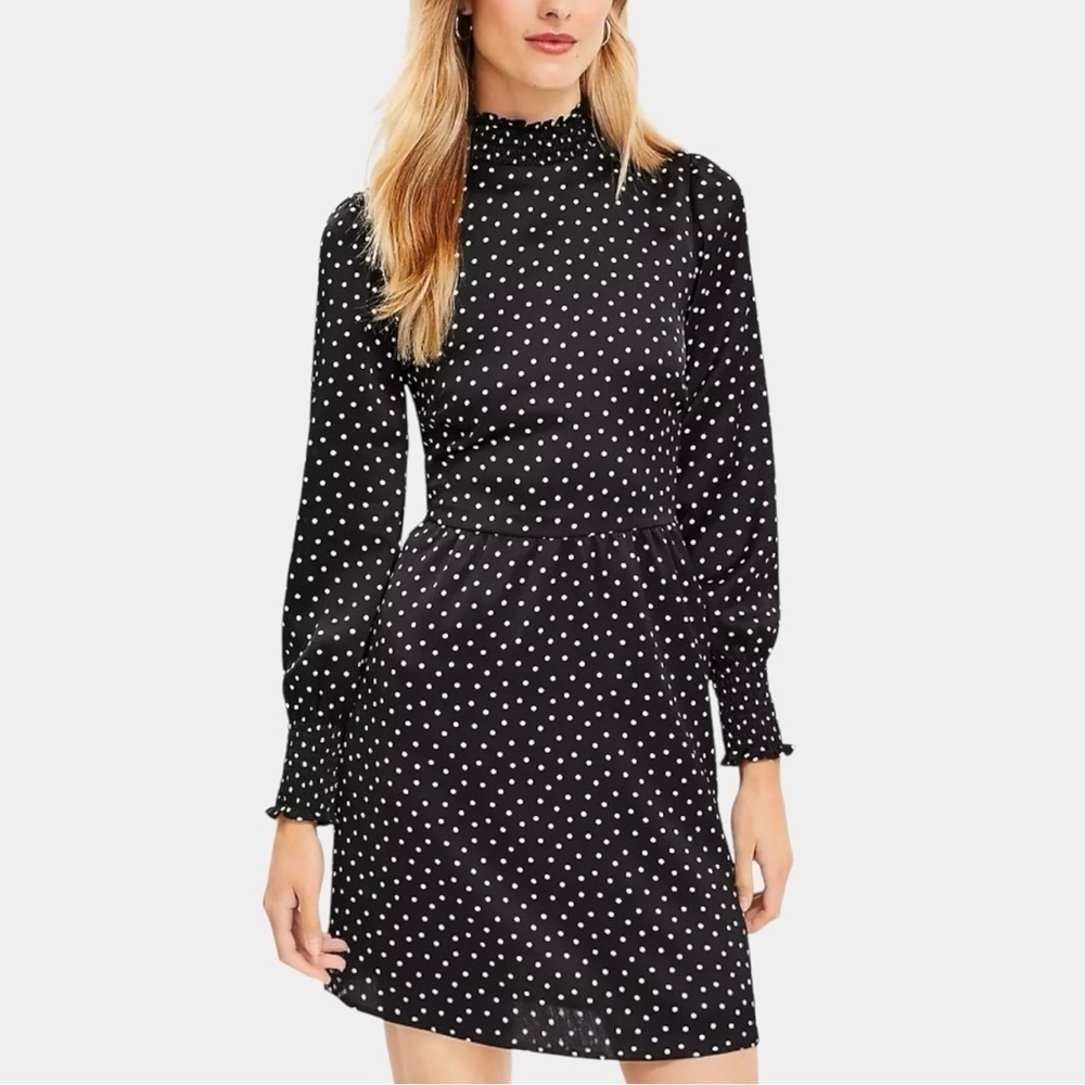 NWT LOFT Black Polka Dot Smocked Mock Neck Fit Flare Mini Dress Size 0